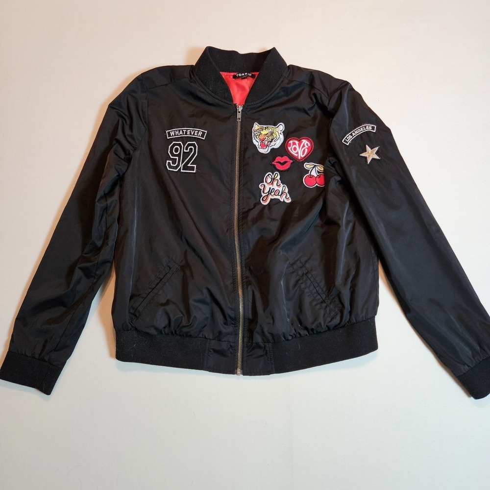 Torrid Women's Bomber Jacket Size 00 Black Patches Tiger Cherries Red Lining Zip